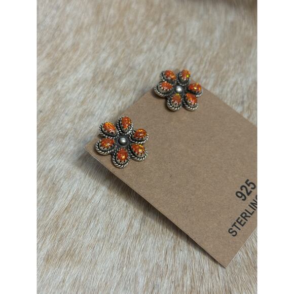 Native American Sterling Silver Orange Opal Flower Cluster Post Stud Earrings - Picture 4 of 13